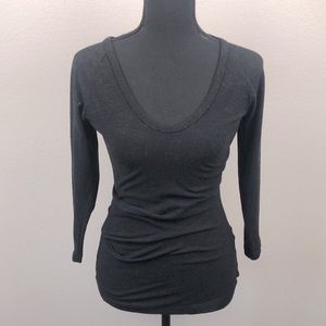 Standard James Perse Top Charcoal Gray Ruched Waist V-Neck Long Sleeve Popover